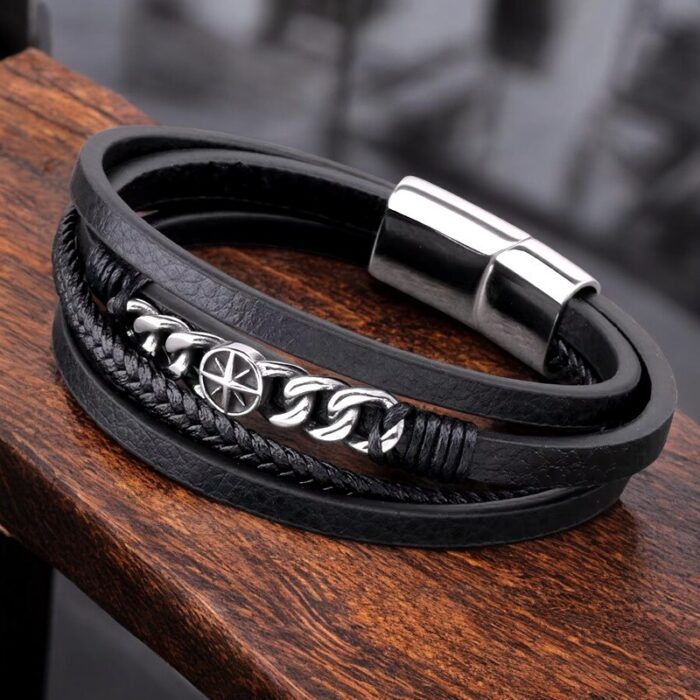 SKÓRZANA BRANSOLETKA PLECIONA MĘSKA RZEMIEŃ KOMPAS PREMIUM - obrazek 2