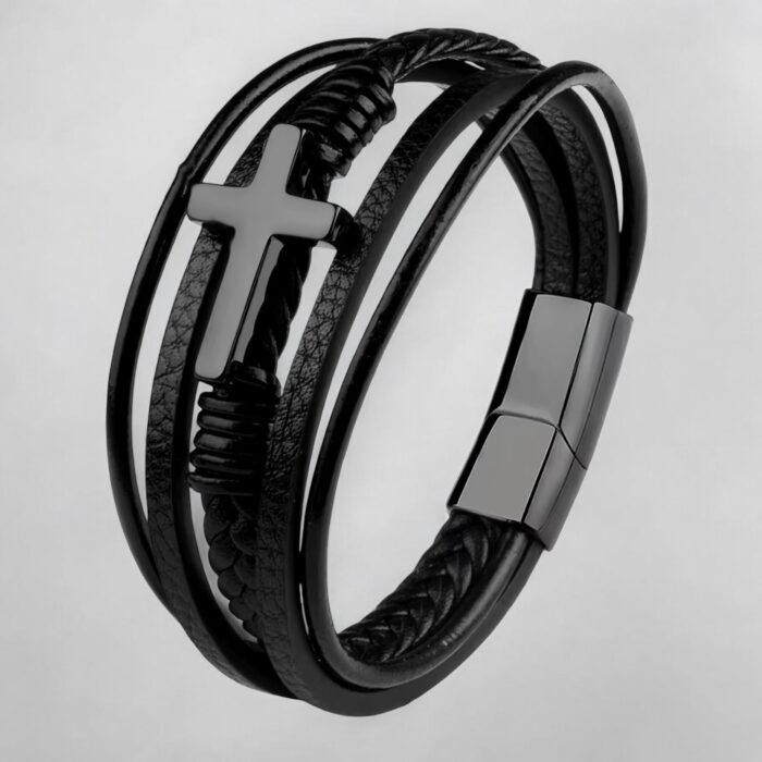 SKÓRZANA BRANSOLETKA PLECIONA MĘSKA RZEMIEŃ KRZYŻ SKÓRA NATURALNA PREMIUM - obrazek 5