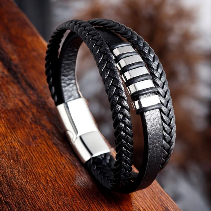 SKÓRZANA BRANSOLETKA PLECIONA MĘSKA POTRÓJNY RZEMIEŃ PREMIUM - obrazek 3