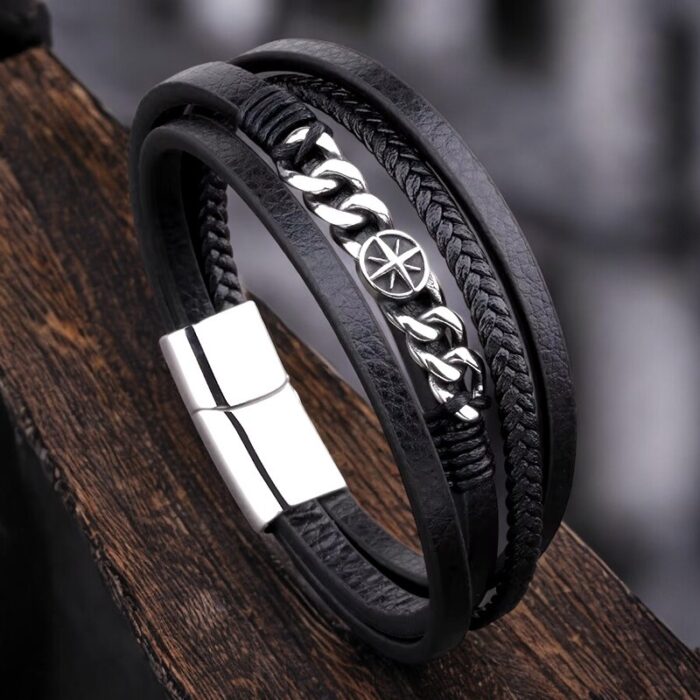 SKÓRZANA BRANSOLETKA PLECIONA MĘSKA RZEMIEŃ KOMPAS PREMIUM - obrazek 3