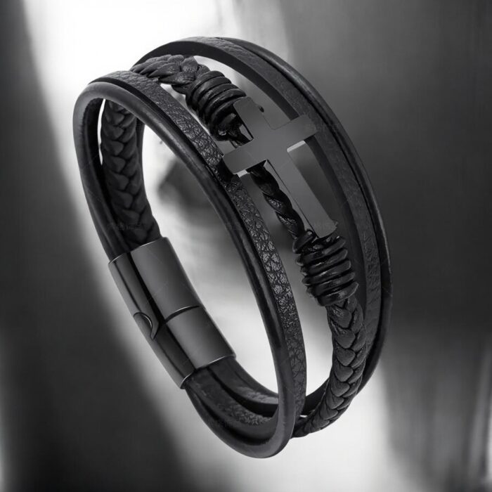 SKÓRZANA BRANSOLETKA PLECIONA MĘSKA RZEMIEŃ KRZYŻ SKÓRA NATURALNA PREMIUM - obrazek 6