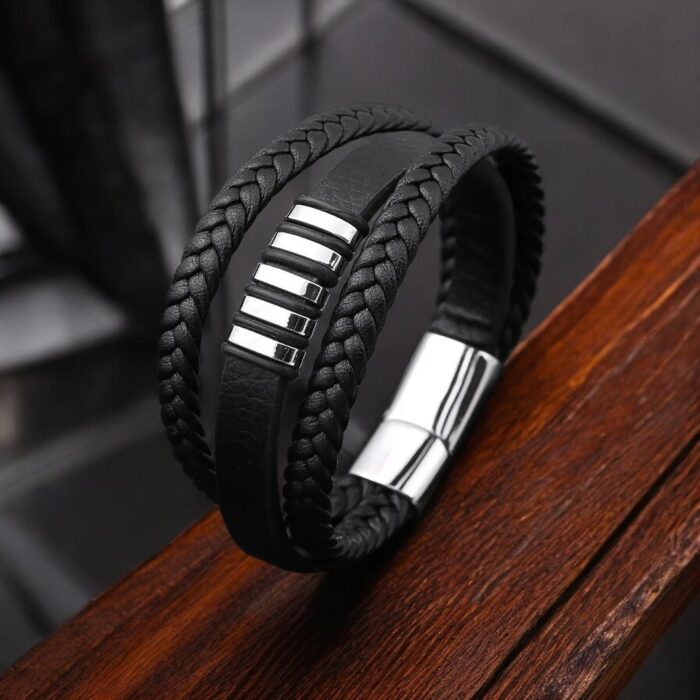 SKÓRZANA BRANSOLETKA PLECIONA MĘSKA POTRÓJNY RZEMIEŃ PREMIUM - obrazek 4