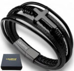 SKÓRZANA BRANSOLETKA PLECIONA MĘSKA RZEMIEŃ KRZYŻ SKÓRA NATURALNA PREMIUM