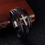 SKÓRZANA BRANSOLETKA PLECIONA MĘSKA RZEMIEŃ KRZYŻ SKÓRA NATURALNA PREMIUM - obrazek 2