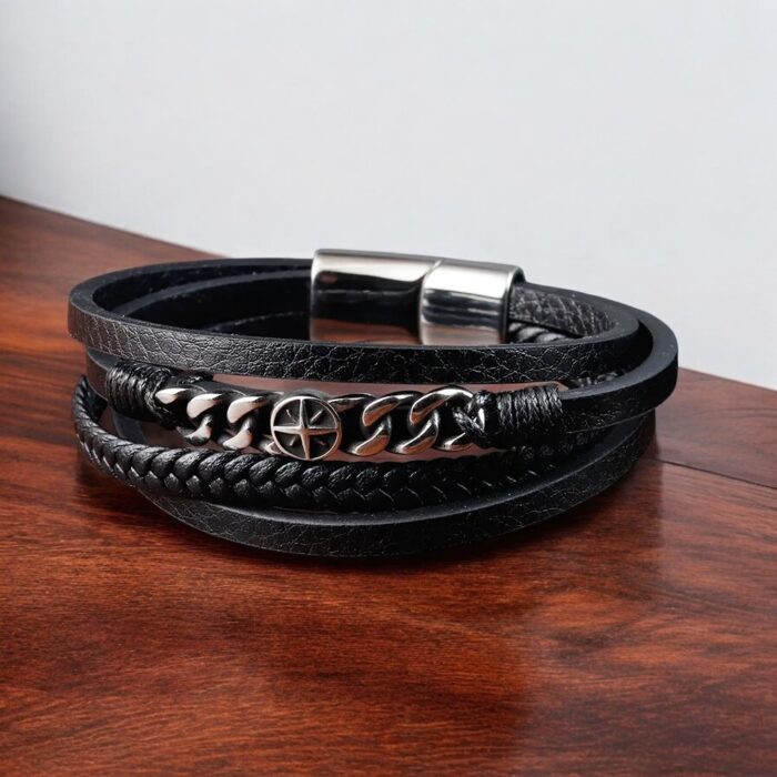 SKÓRZANA BRANSOLETKA PLECIONA MĘSKA RZEMIEŃ KOMPAS PREMIUM - obrazek 6