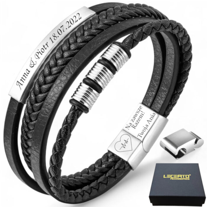 SKÓRZANA PERSONALIZOWANA BRANSOLETKA PLECIONA MĘSKA REGULOWANA PREMIUM GRAWER GRATIS - obrazek 1