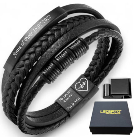 SKÓRZANA PERSONALIZOWANA BRANSOLETKA PLECIONA MĘSKA REGULOWANA PREMIUM GRAWER GRATIS