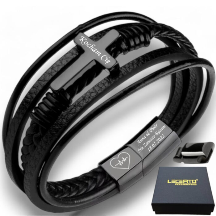 SKÓRZANA PERSONALIZOWANA BRANSOLETKA PLECIONA MĘSKA RZEMIEŃ KRZYŻ SKÓRA NATURALNA PREMIUM GRAWER GRATIS - obrazek 1