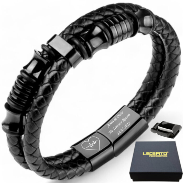 SKÓRZANA PERSONALIZOWANA BRANSOLETKA PLECIONA MĘSKA RZEMIEŃ SKÓRA NATURALNA PREMIUM GRAWER GRATIS - obrazek 1
