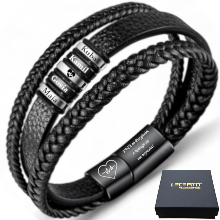 SKÓRZANA PERSONALIZOWANA BRANSOLETKA PLECIONA MĘSKA REGULOWANA PREMIUM GRAWER GRATIS - obrazek 1