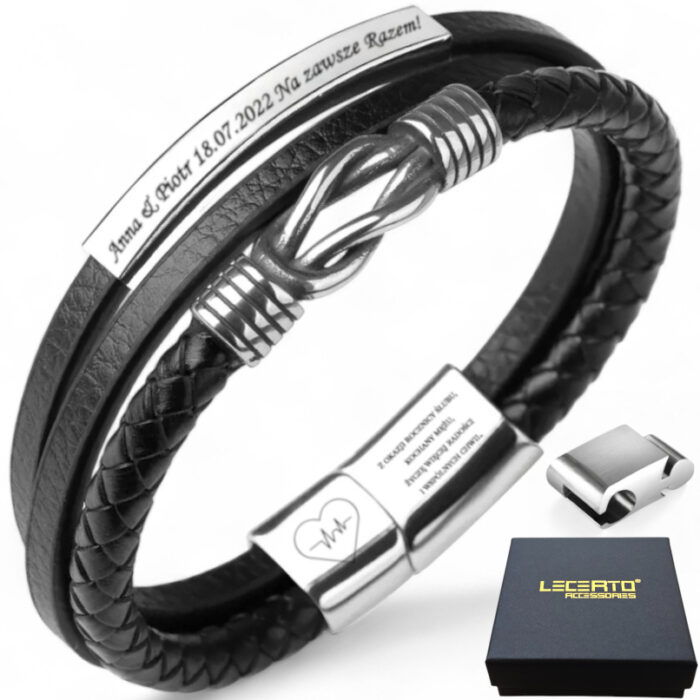 SKÓRZANA PERSONALIZOWANA BRANSOLETKA PLECIONA MĘSKA REGULOWANA PREMIUM GRAWER GRATIS - obrazek 1