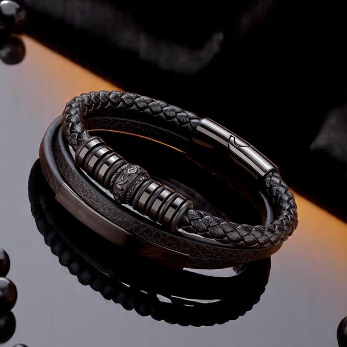 SKÓRZANA BRANSOLETKA PLECIONA MĘSKA REGULOWANA PREMIUM - obrazek 2