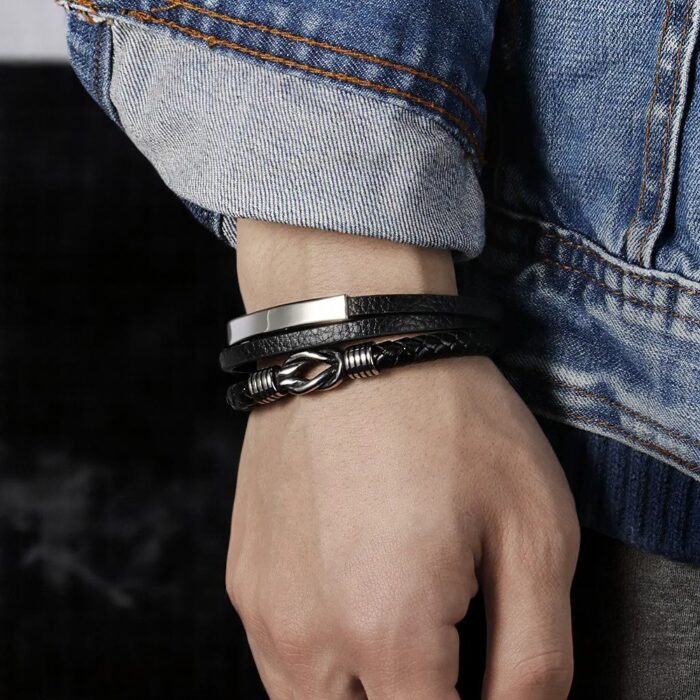 SKÓRZANA PERSONALIZOWANA BRANSOLETKA PLECIONA MĘSKA REGULOWANA PREMIUM GRAWER GRATIS - obrazek 3
